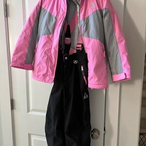 Pink and Gray Ski Jacket with Black Snow Pants